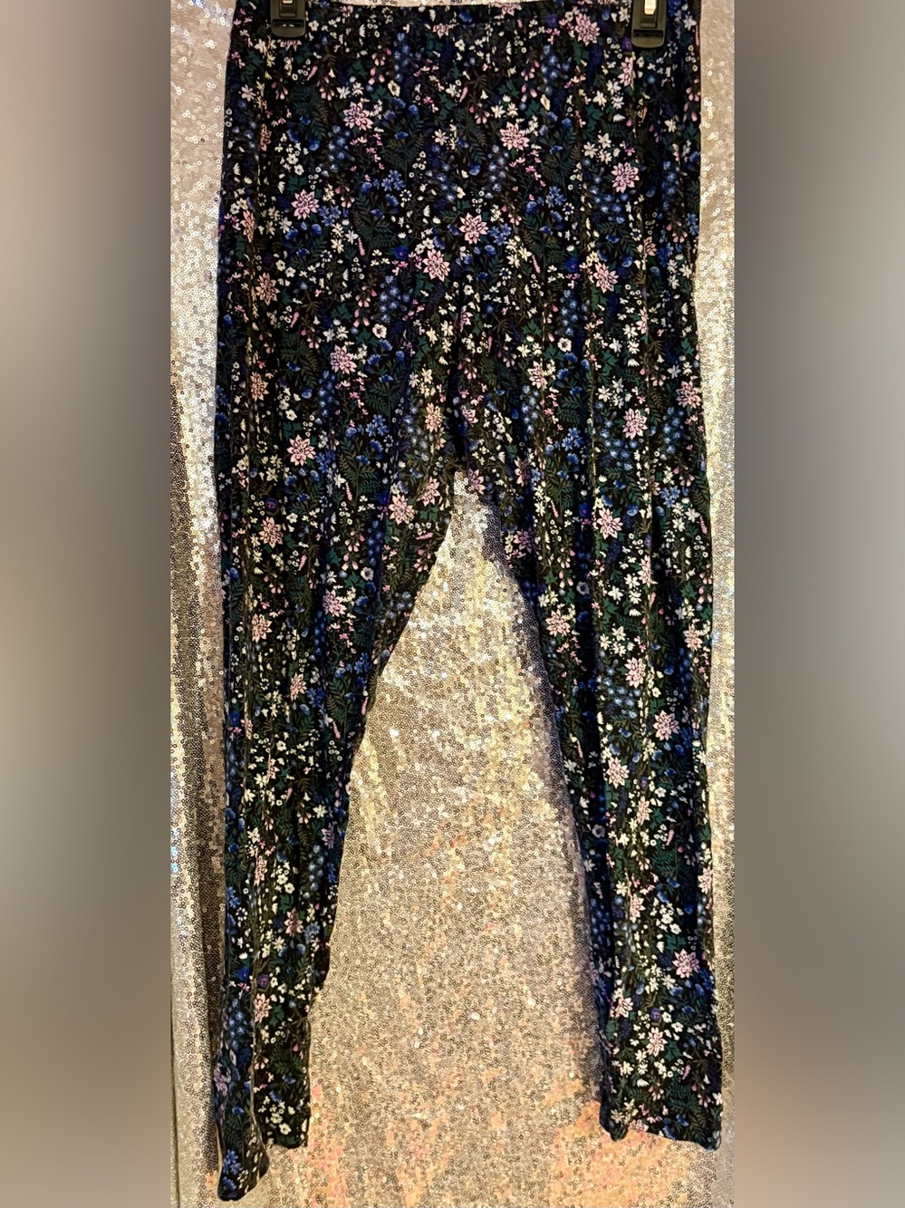 Old Navy Black Floral Leggings with Pink & Blue Flowers